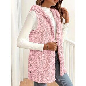Pink Hooded Plush Vest With Buttons Sleeveless  Outerwear S-XXL Sizes